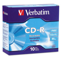 CD-R Recordable Disc, 700 MB/80 min, 52x, Slim Jewel Case, Silver, 10/Pack
