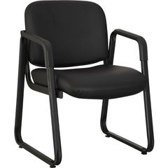 Upholstered Guest Chair, Black Leather, Plywood Seat, Black Leather, Plywood Back, Metal Frame, Black, 1 Each