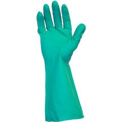 Green Flock Lined Nitrile Gloves, Chemical Protection, X-Large Size, Green, Raised Diamond Grip, Flock-lined, For Dishwashing, Cleaning, Meat Processing, 15 mil Thickness, 13" Glove Length