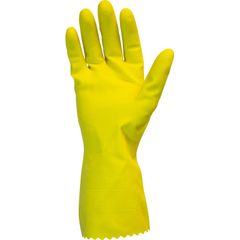 Yellow Flock Lined Latex Gloves, Chemical Protection, Medium Size, Yellow, Fish Scale Grip, Flock-lined, For Dishwashing, Cleaning, Meat Processing, 18 mil Thickness, 12" Glove Length