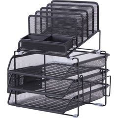 Divided 4-tier Desktop Organizer, 4 Tier(s), 15.8" Height x 12.9" Width x 14.4" DepthDesktop, Black, Plastic, Mesh, 1 Each